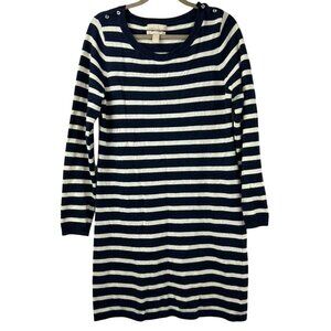 Banana Republic Women's L Striped Dress Navy Cream Button Wool & Cashmere Blend